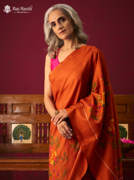 Rust Orange Ikat Silk Saree