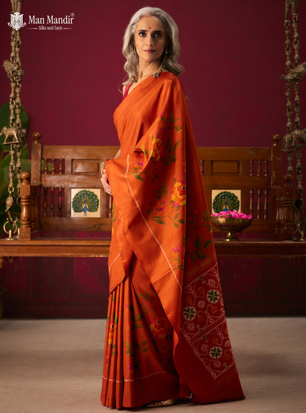 Rust Orange Ikat Silk Saree
