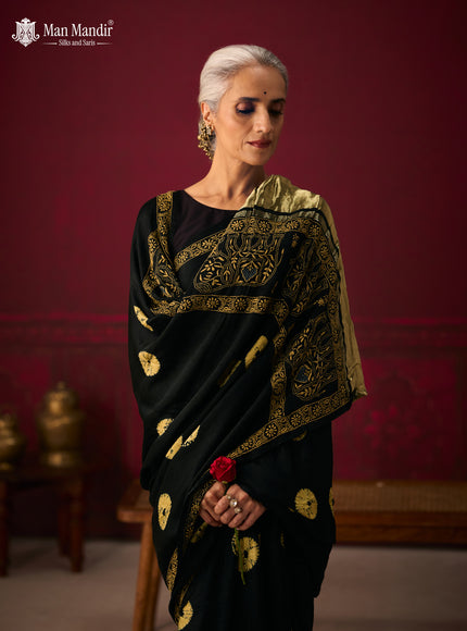 Black Gajji Bandhani Silk Embroidery Saree