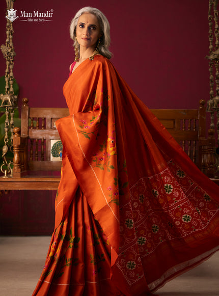 Rust Orange Ikat Silk Saree