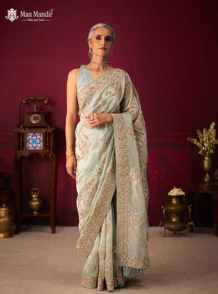 Pastel Green Tissue Organza Embroidery Silk Saree