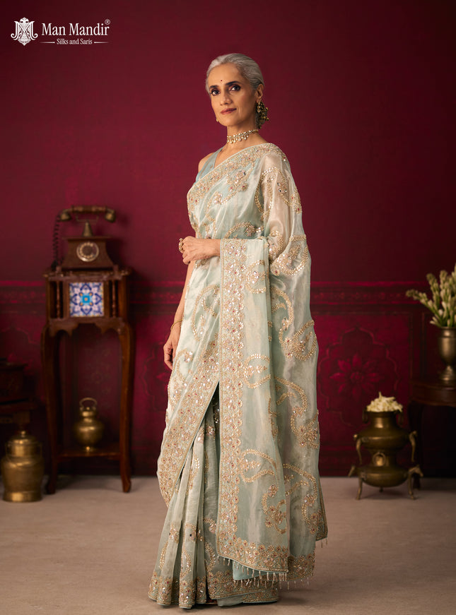 Pastel Green Tissue Organza Embroidery Silk Saree
