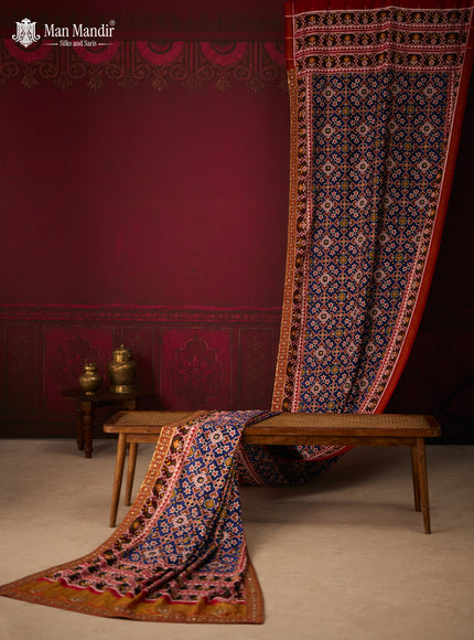 Blue - Red Patan Patola Silk Saree With Embroidery