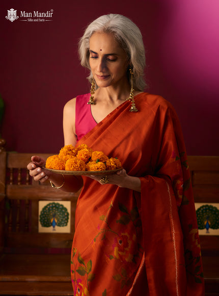 Rust Orange Ikat Silk Saree