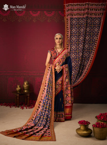 Blue - Red Patan Patola Silk Saree With Embroidery