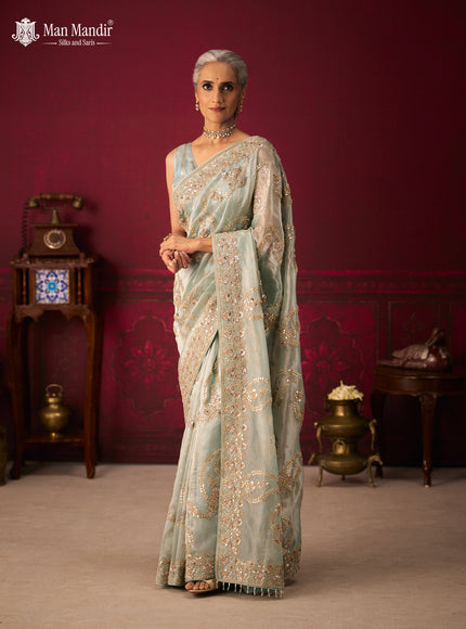 Pastel Green Tissue Organza Embroidery Silk Saree