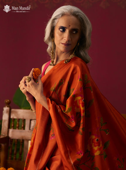 Rust Orange Ikat Silk Saree