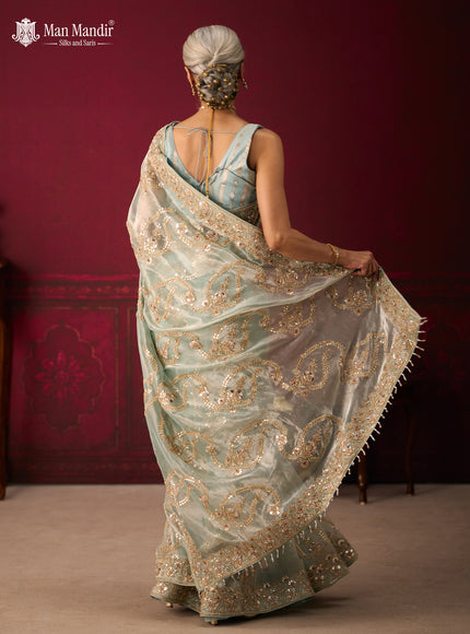 Pastel Green Tissue Organza Embroidery Silk Saree