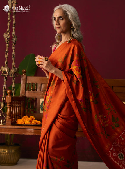 Rust Orange Ikat Silk Saree