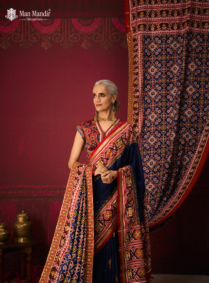 Blue - Red Patan Patola Silk Saree With Embroidery
