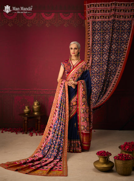 Blue - Red Patan Patola Silk Saree With Embroidery