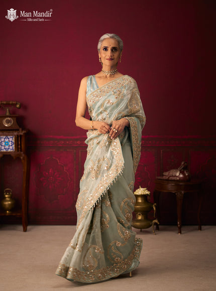 Pastel Green Tissue Organza Embroidery Silk Saree