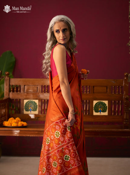Rust Orange Ikat Silk Saree