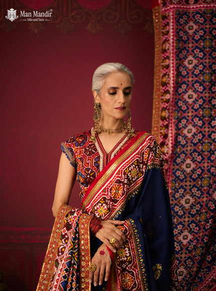 Blue - Red Patan Patola Silk Saree With Embroidery