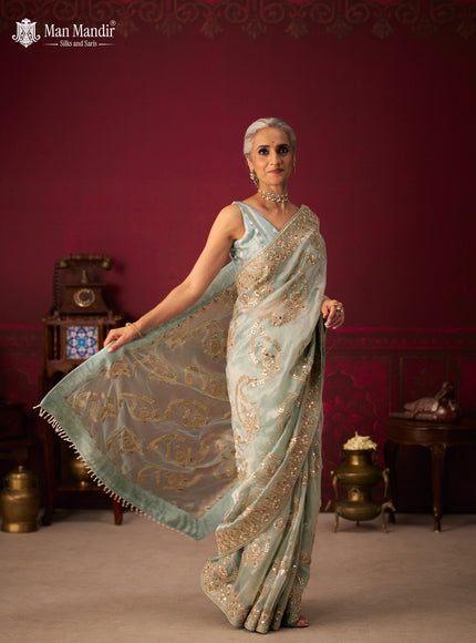 Pastel Green Tissue Organza Embroidery Silk Saree