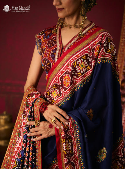 Blue - Red Patan Patola Silk Saree With Embroidery