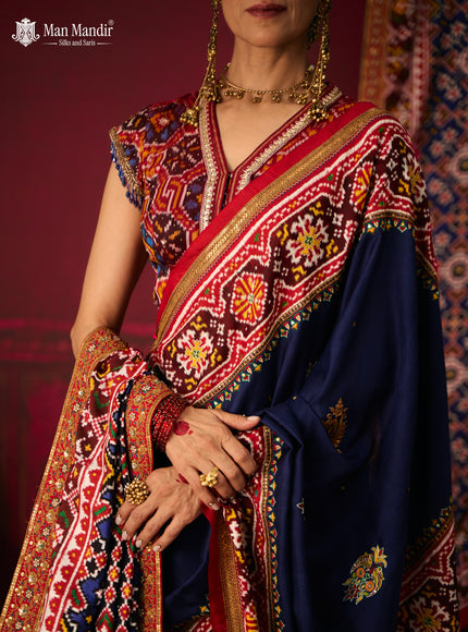 Blue - Red Patan Patola Silk Saree With Embroidery