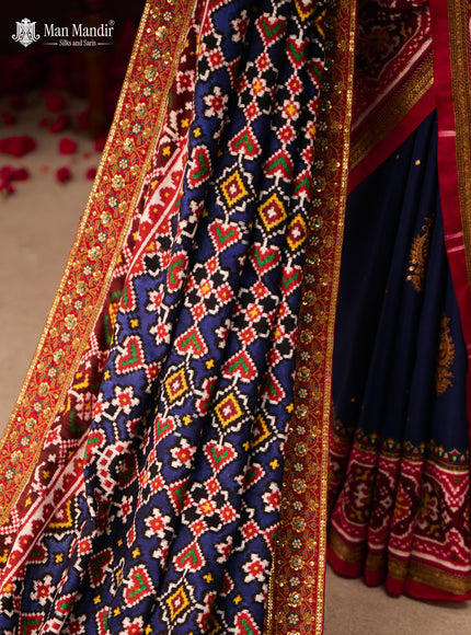 Blue - Red Patan Patola Silk Saree With Embroidery