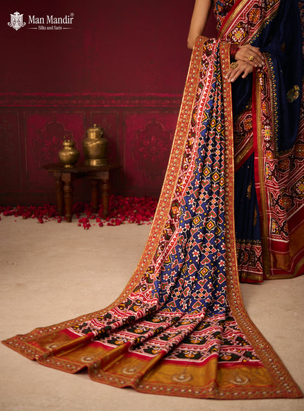 Blue - Red Patan Patola Silk Saree With Embroidery