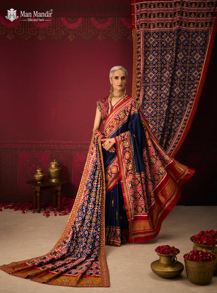 Blue - Red Patan Patola Silk Saree With Embroidery