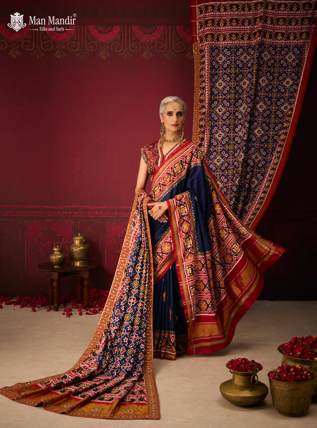 Blue - Red Patan Patola Silk Saree With Embroidery