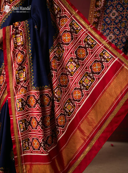 Blue - Red Patan Patola Silk Saree With Embroidery