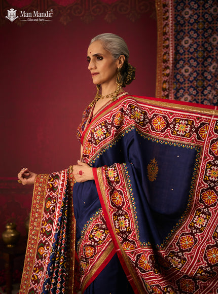 Blue - Red Patan Patola Silk Saree With Embroidery