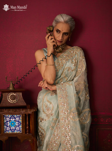 Pastel Green Tissue Organza Embroidery Silk Saree