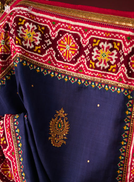 Blue - Red Patan Patola Silk Saree With Embroidery