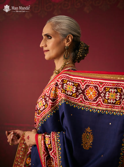 Blue - Red Patan Patola Silk Saree With Embroidery