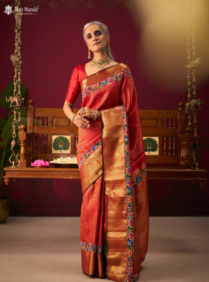 Red Pure Kanchipuram Embroidery Silk Saree