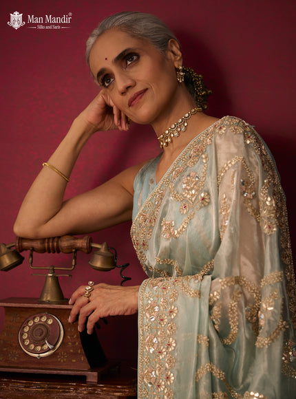 Pastel Green Tissue Organza Embroidery Silk Saree
