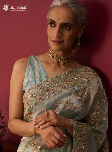 Pastel Green Tissue Organza Embroidery Silk Saree