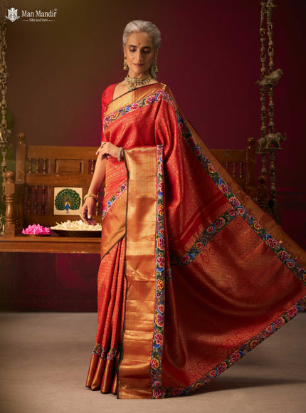 Red Pure Kanchipuram Embroidery Silk Saree