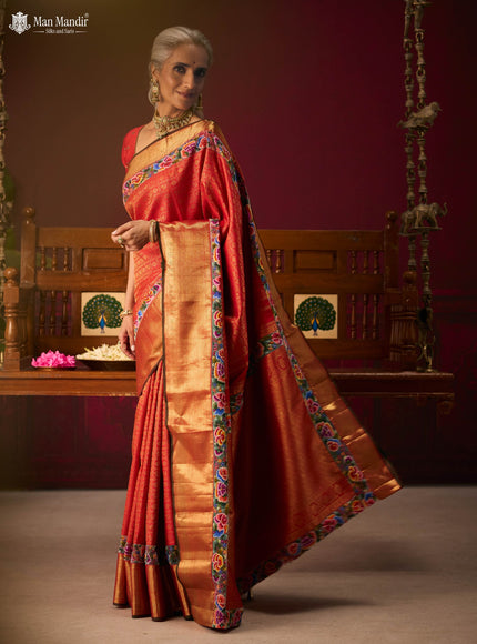 Red Pure Kanchipuram Embroidery Silk Saree
