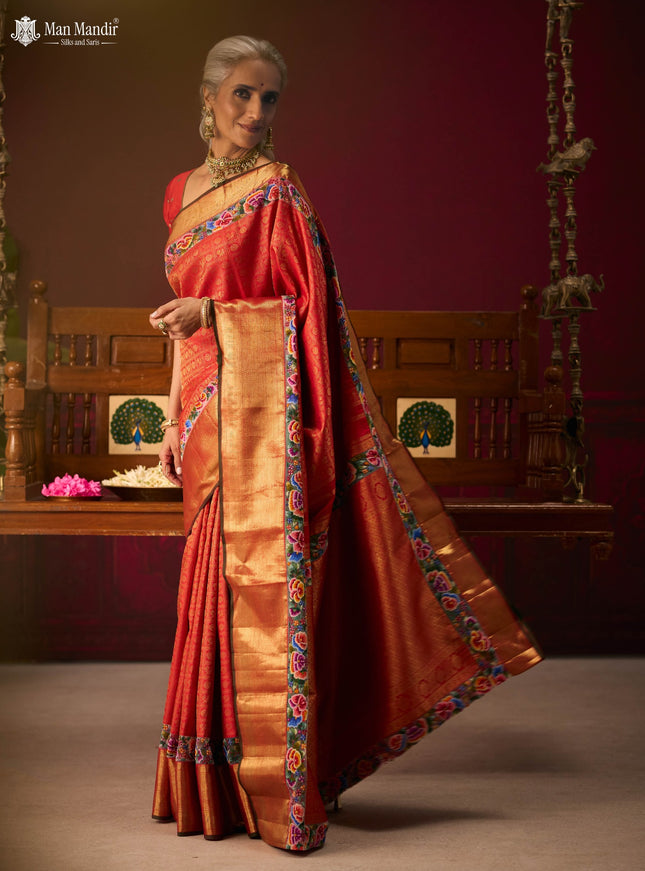 Red Pure Kanchipuram Embroidery Silk Saree