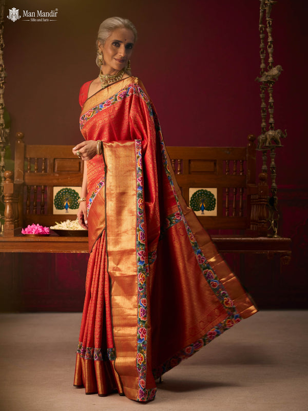 Red Pure Kanchipuram Embroidery Silk Saree