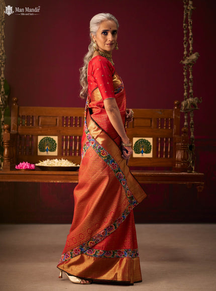 Red Pure Kanchipuram Embroidery Silk Saree