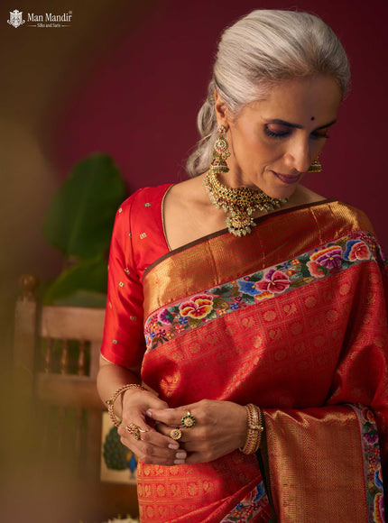 Red Pure Kanchipuram Embroidery Silk Saree