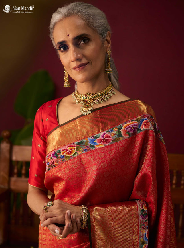 Red Pure Kanchipuram Embroidery Silk Saree