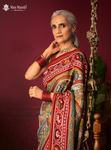 Green - Maroon Patan Patola Pen Kalamkari Printed Silk Saree