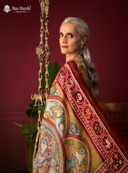 Green - Maroon Patan Patola Pen Kalamkari Printed Silk Saree