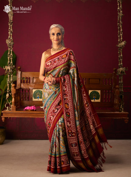 Green - Maroon Patan Patola Pen Kalamkari Printed Silk Saree
