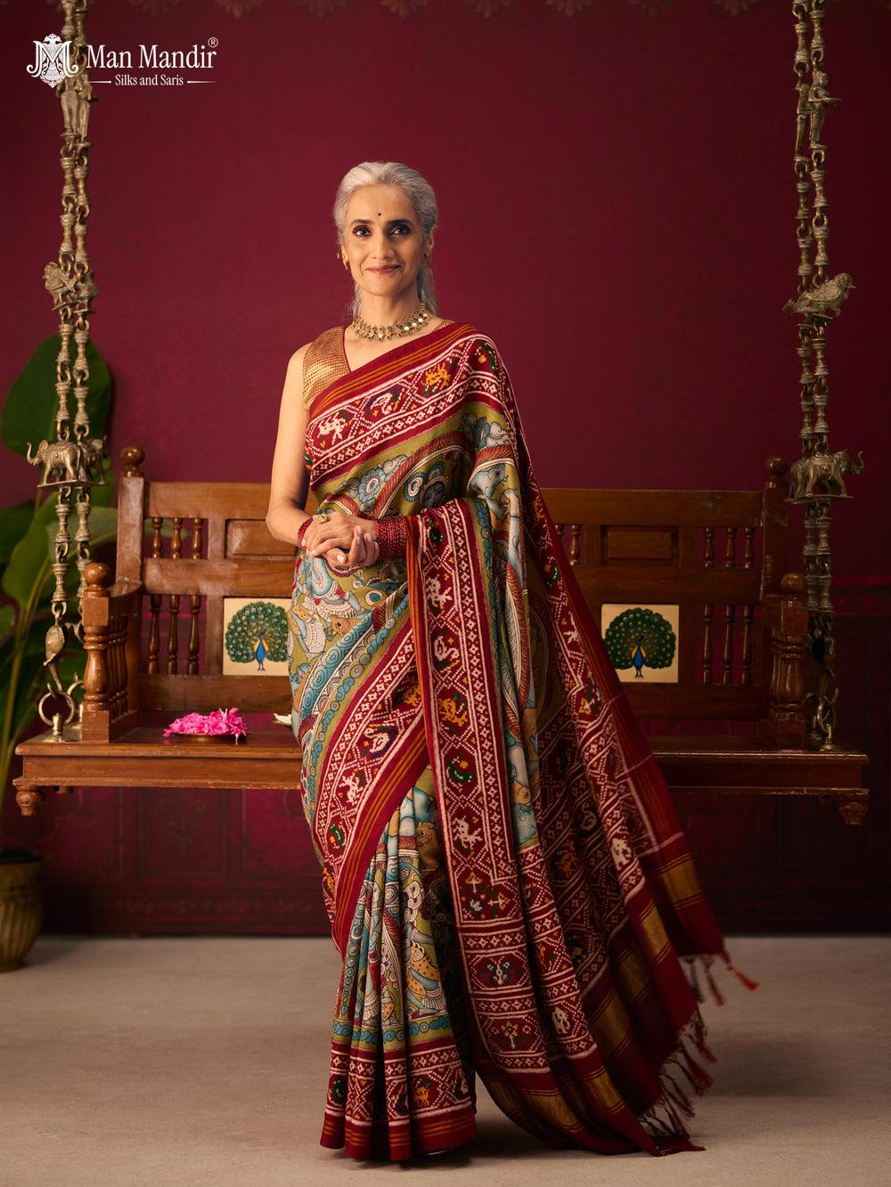Green - Maroon Patan Patola Pen Kalamkari Printed Silk Saree