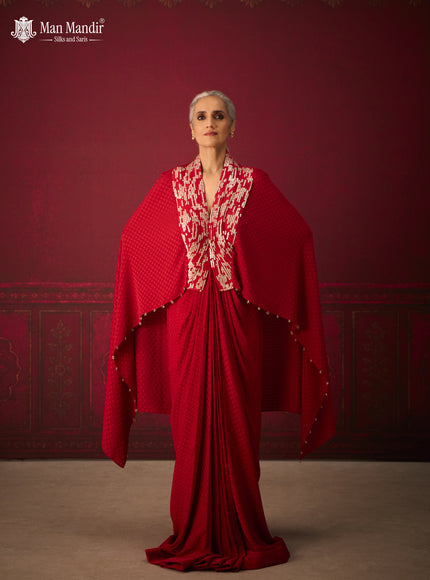 Red Crepe Indo-Western Gown with Embroidered Cape