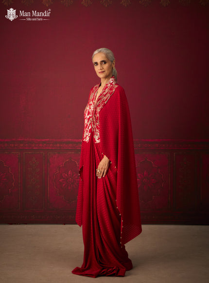 Red Crepe Indo-Western Gown with Embroidered Cape