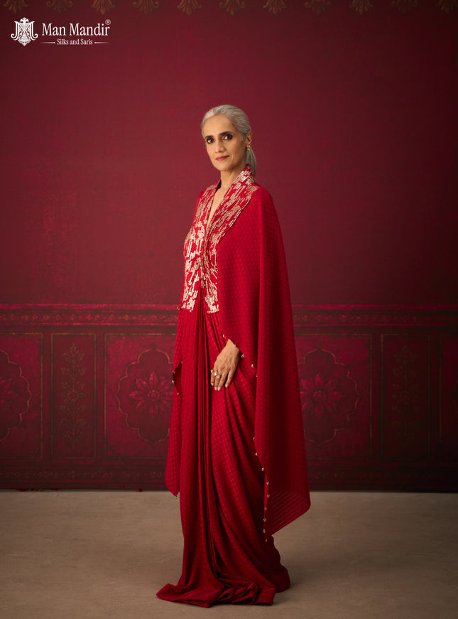 Red Crepe Indo-Western Gown with Embroidered Cape