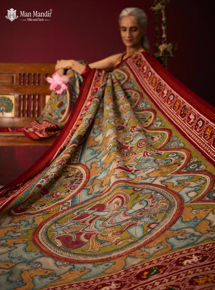 Green - Maroon Patan Patola Pen Kalamkari Printed Silk Saree