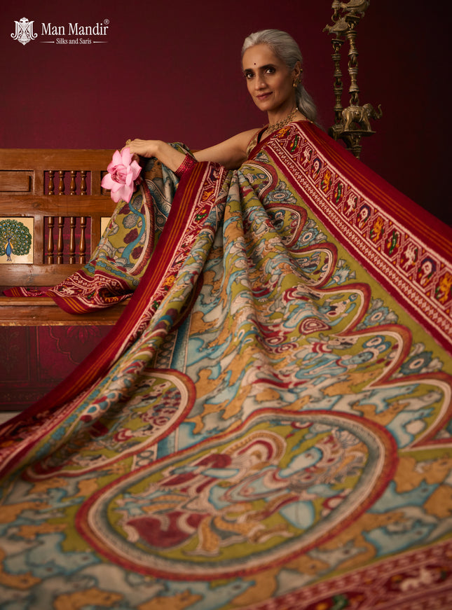 Green - Maroon Patan Patola Pen Kalamkari Printed Silk Saree