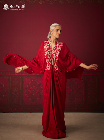 Red Crepe Indo-Western Gown with Embroidered Cape